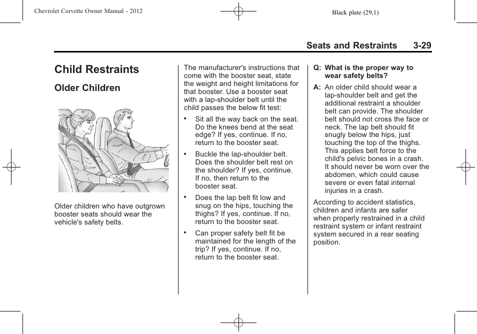 Child restraints, Older children, Infotainment system | Older children -29, Seats and restraints 3-29 | CHEVROLET 2012 Corvette User Manual | Page 95 / 432