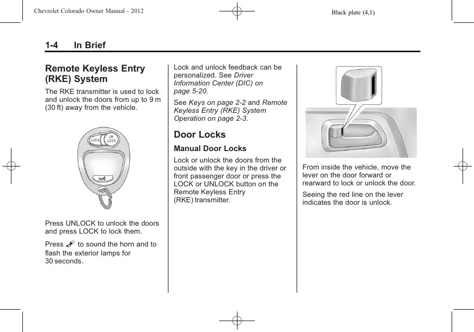 Remote keyless entry (rke) system, Door locks, Remote keyless entry (rke) | System -4, Door locks -4, Radio(s) | CHEVROLET 2012 Colorado User Manual | Page 10 / 408