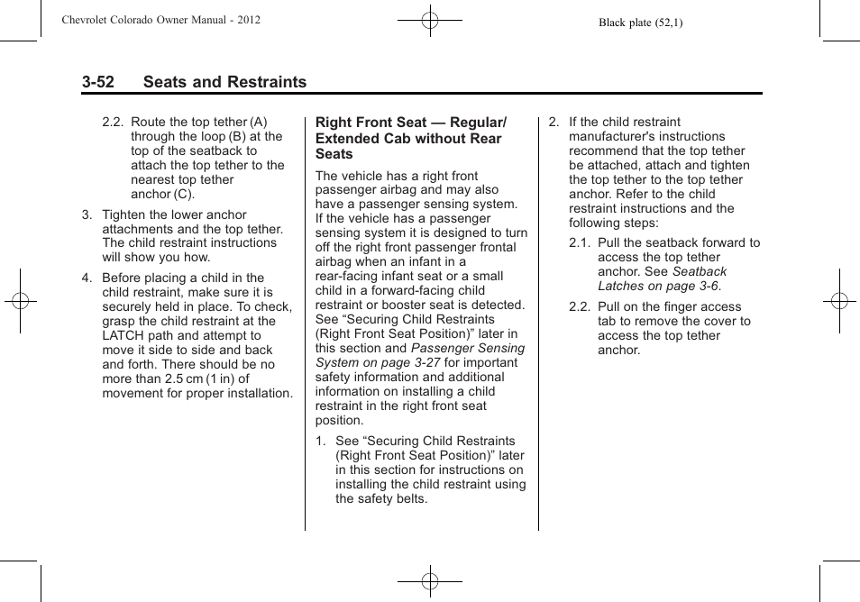 52 seats and restraints | CHEVROLET 2012 Colorado User Manual | Page 100 / 408