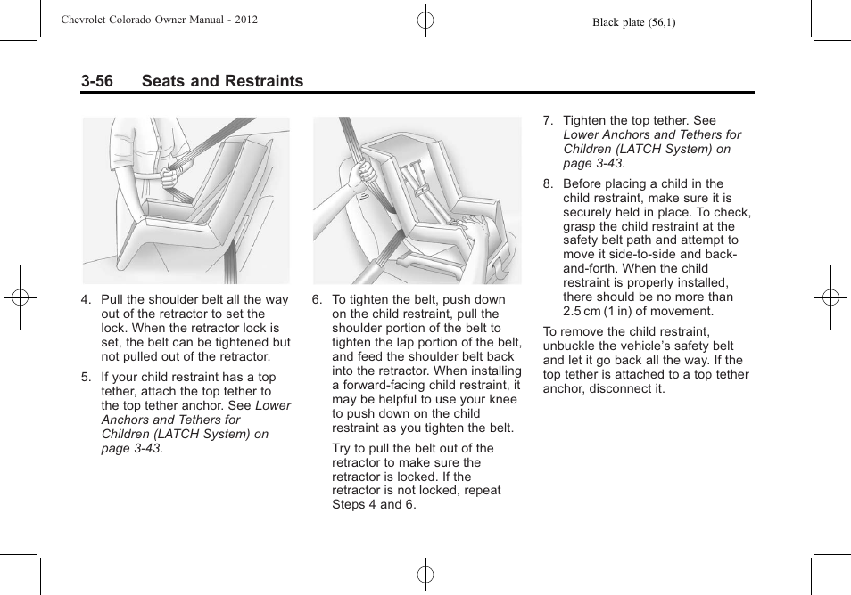 56 seats and restraints | CHEVROLET 2012 Colorado User Manual | Page 104 / 408