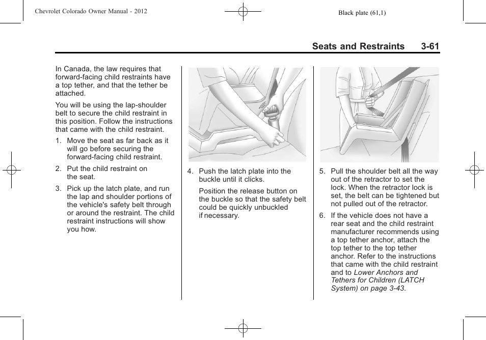 Seats and restraints 3-61 | CHEVROLET 2012 Colorado User Manual | Page 109 / 408