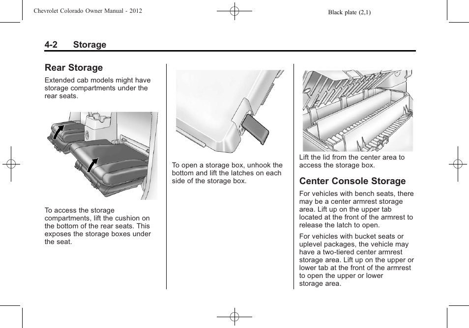 Rear storage, Center console storage | CHEVROLET 2012 Colorado User Manual | Page 112 / 408