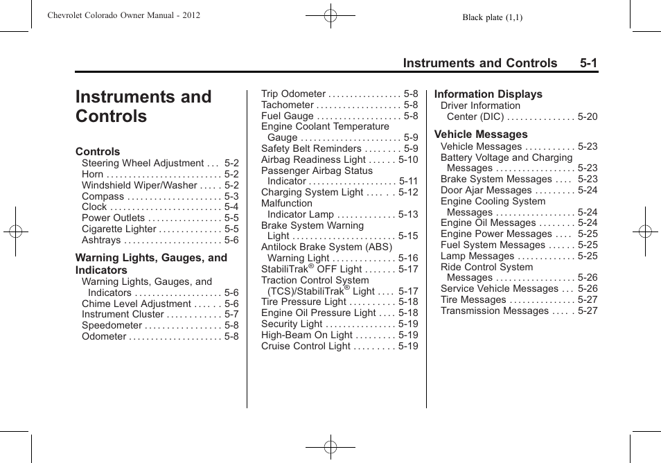 Instruments and controls, Instruments and controls -1, Instruments and controls 5-1 | CHEVROLET 2012 Colorado User Manual | Page 113 / 408