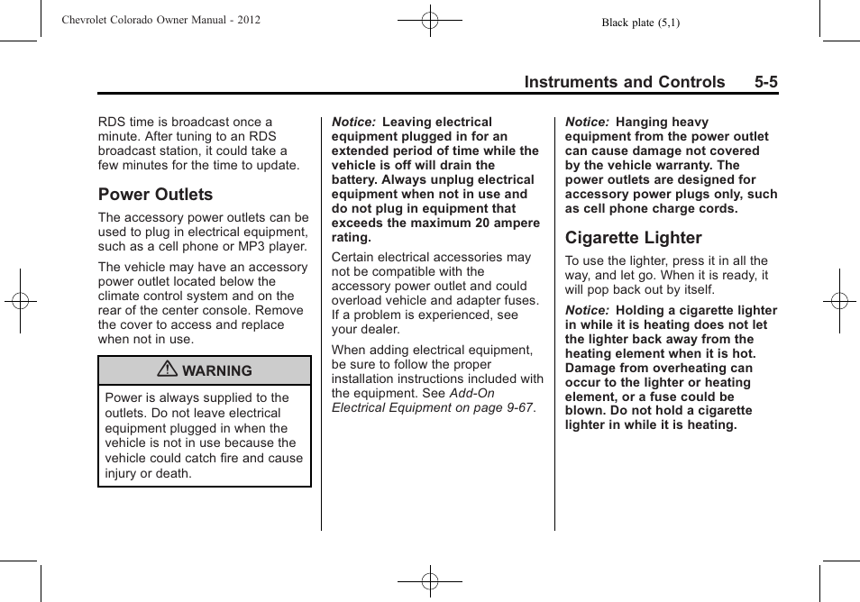 Power outlets, Cigarette lighter, Power outlets -5 cigarette lighter -5 | CHEVROLET 2012 Colorado User Manual | Page 117 / 408