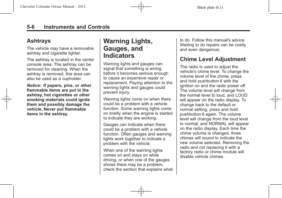 Ashtrays, Warning lights, gauges, and indicators, Chime level adjustment | Ride control systems -47, Ashtrays -6, Warning lights, gauges, and, Indicators -6, Chime level adjustment -6 | CHEVROLET 2012 Colorado User Manual | Page 118 / 408