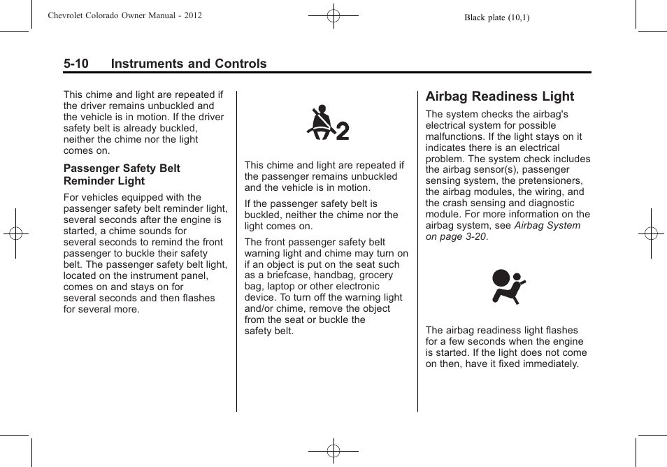 Airbag readiness light, Airbag readiness light -10 | CHEVROLET 2012 Colorado User Manual | Page 122 / 408