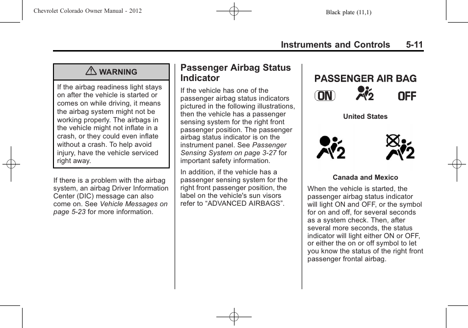 Passenger airbag status indicator, Passenger airbag status, Indicator -11 | CHEVROLET 2012 Colorado User Manual | Page 123 / 408