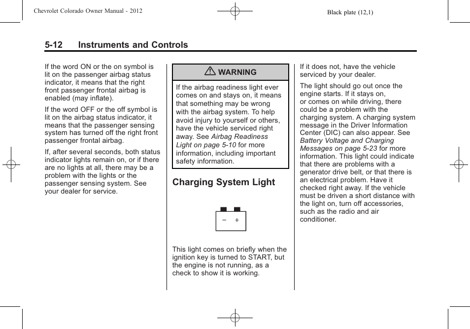 Charging system light, System light -12 | CHEVROLET 2012 Colorado User Manual | Page 124 / 408