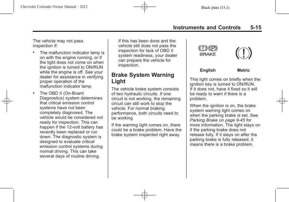 Brake system warning light, Brake system warning, Light -15 | Instruments and controls 5-15 | CHEVROLET 2012 Colorado User Manual | Page 127 / 408