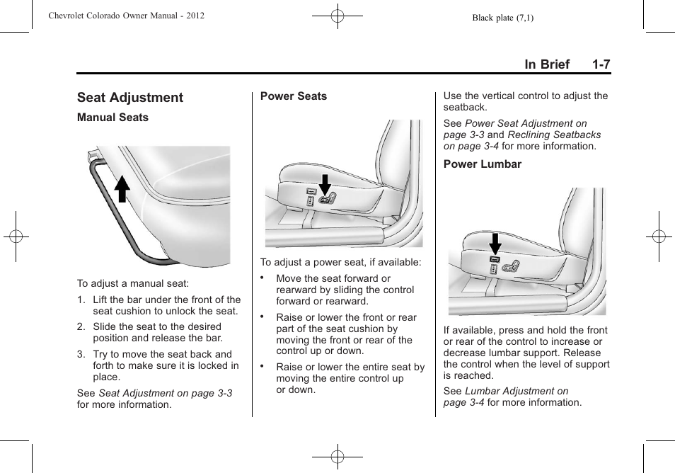 Seat adjustment, Seat adjustment -7, Driver | CHEVROLET 2012 Colorado User Manual | Page 13 / 408