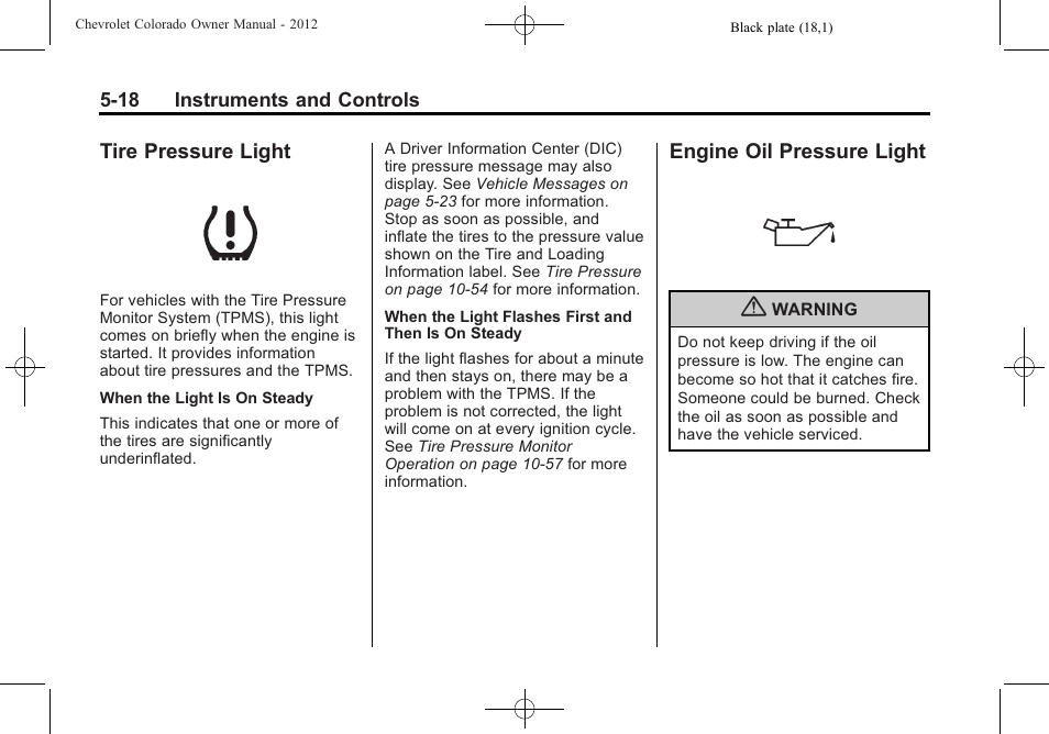 Tire pressure light, Engine oil pressure light | CHEVROLET 2012 Colorado User Manual | Page 130 / 408
