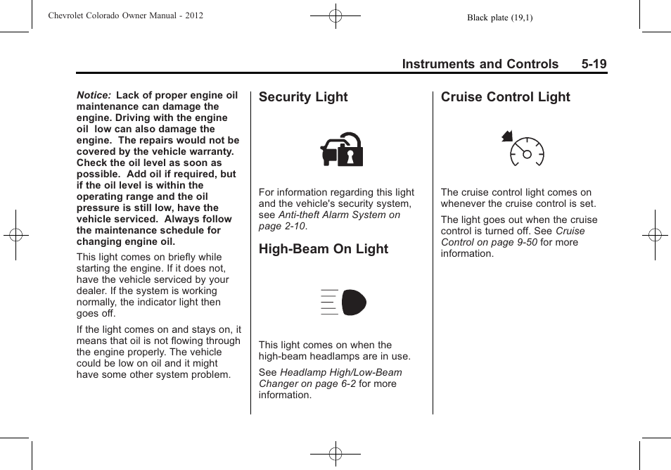 Security light, High-beam on light, Cruise control light | CHEVROLET 2012 Colorado User Manual | Page 131 / 408