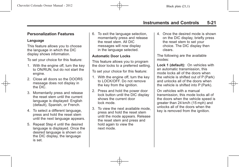 Instruments and controls 5-21 | CHEVROLET 2012 Colorado User Manual | Page 133 / 408