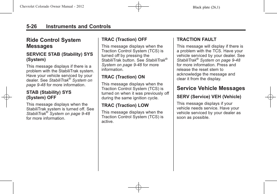 Ride control system messages, Service vehicle messages, Ride control system | Messages -26, Service vehicle messages -26, 26 instruments and controls | CHEVROLET 2012 Colorado User Manual | Page 138 / 408