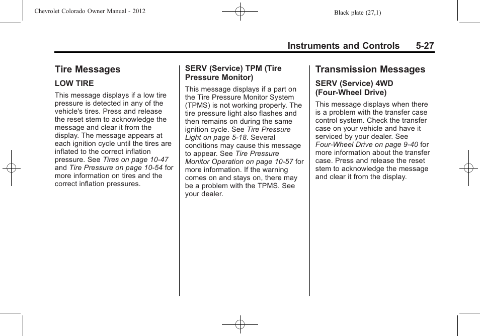 Tire messages, Transmission messages, Tire messages -27 transmission messages -27 | CHEVROLET 2012 Colorado User Manual | Page 139 / 408