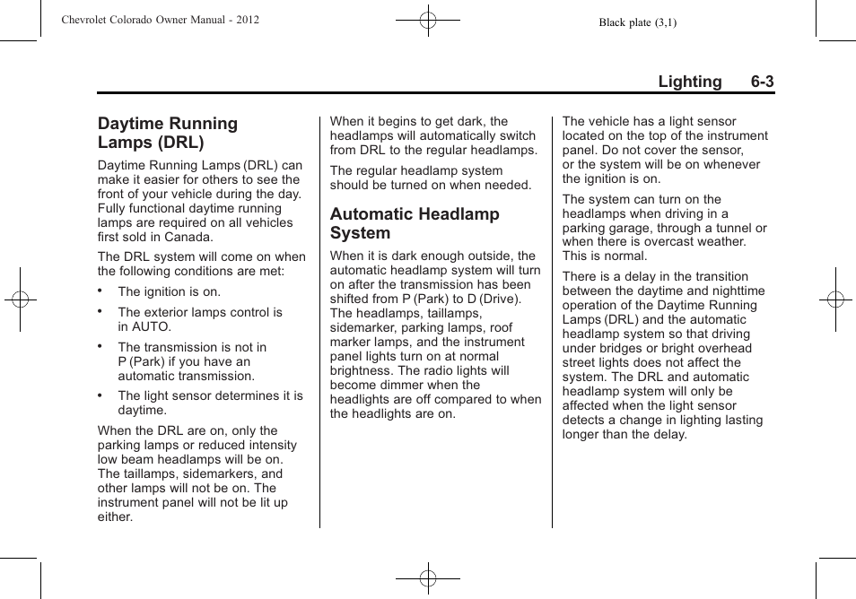 Daytime running lamps (drl), Automatic headlamp system, Daytime running | Lamps (drl) -3, Automatic headlamp, System -3, Lighting 6-3 | CHEVROLET 2012 Colorado User Manual | Page 143 / 408