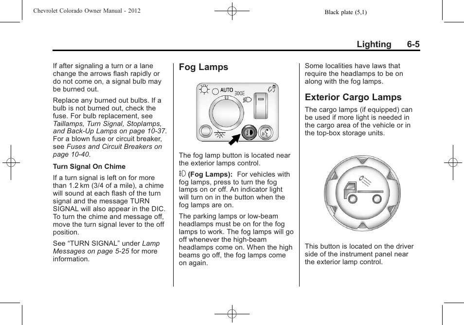 Fog lamps, Exterior cargo lamps, Fog lamps -5 exterior cargo lamps -5 | CHEVROLET 2012 Colorado User Manual | Page 145 / 408