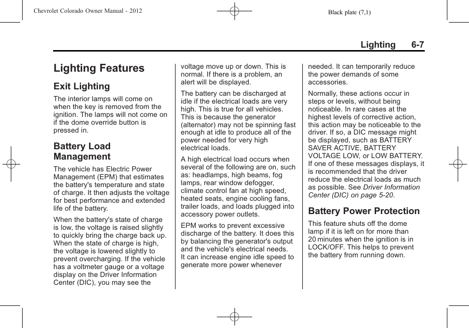 Lighting features, Exit lighting, Battery load management | Battery power protection, Features -7, General | CHEVROLET 2012 Colorado User Manual | Page 147 / 408