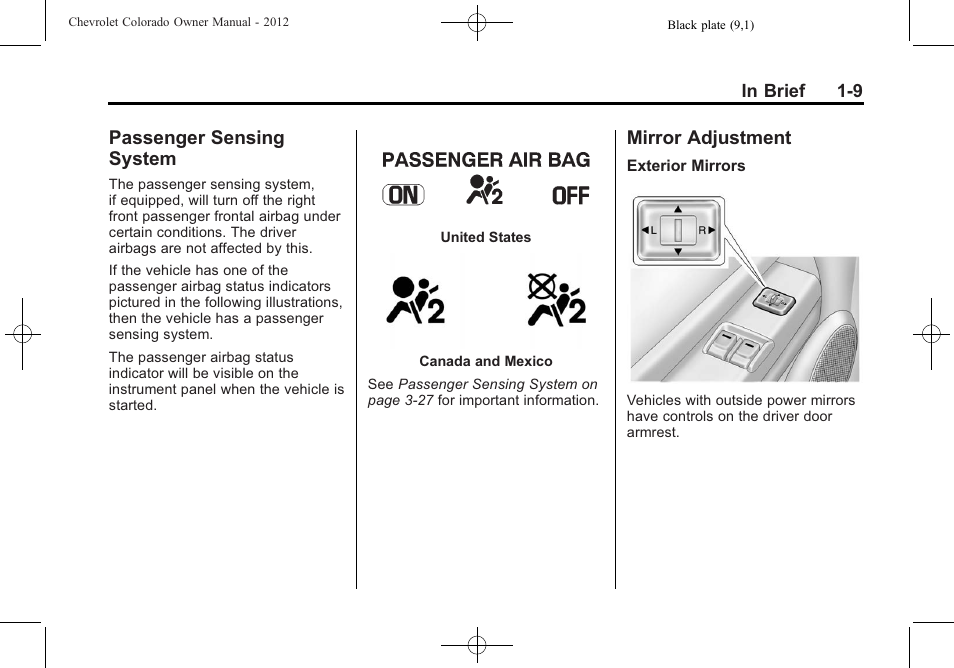 Passenger sensing system, Mirror adjustment, Passenger sensing system -9 mirror adjustment -9 | CHEVROLET 2012 Colorado User Manual | Page 15 / 408