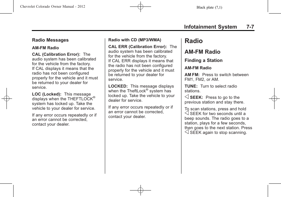 Radio, Am-fm radio, Radio -7 | Electrical system -40, Am-fm radio -7 | CHEVROLET 2012 Colorado User Manual | Page 155 / 408