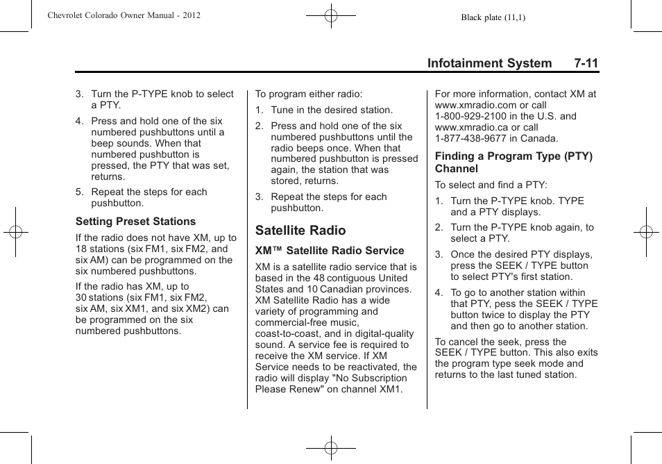 Satellite radio, Satellite radio -11, Infotainment system 7-11 | CHEVROLET 2012 Colorado User Manual | Page 159 / 408