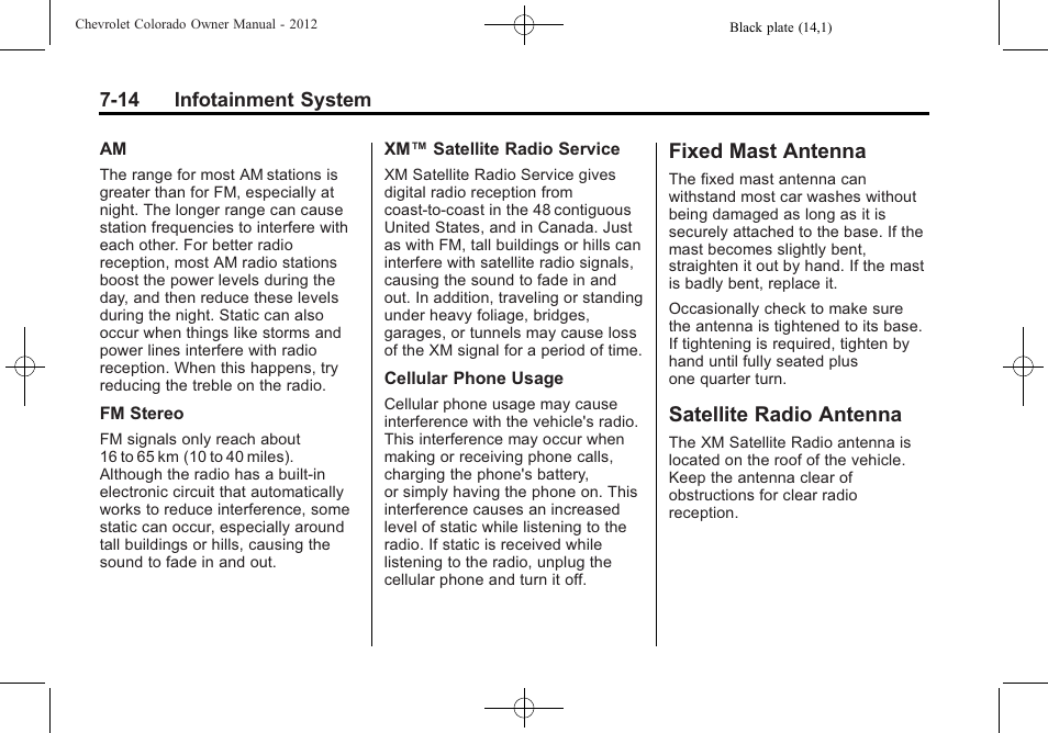 Fixed mast antenna, Satellite radio antenna, Fixed mast antenna -14 satellite radio antenna -14 | CHEVROLET 2012 Colorado User Manual | Page 162 / 408