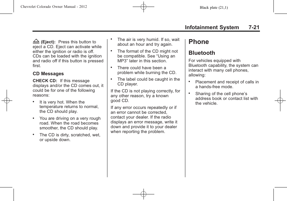 Phone, Bluetooth, Phone -21 | Jump starting -87, Bluetooth -21, Infotainment system 7-21 | CHEVROLET 2012 Colorado User Manual | Page 169 / 408