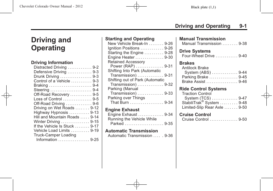 Driving and operating, Driving and operating 9-1 | CHEVROLET 2012 Colorado User Manual | Page 183 / 408