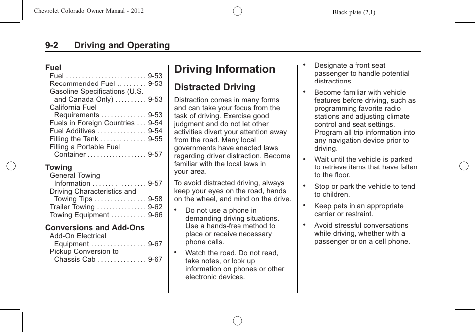 Driving information, Distracted driving, Maintenance schedule -3 | Distracted driving -2, 2 driving and operating | CHEVROLET 2012 Colorado User Manual | Page 184 / 408