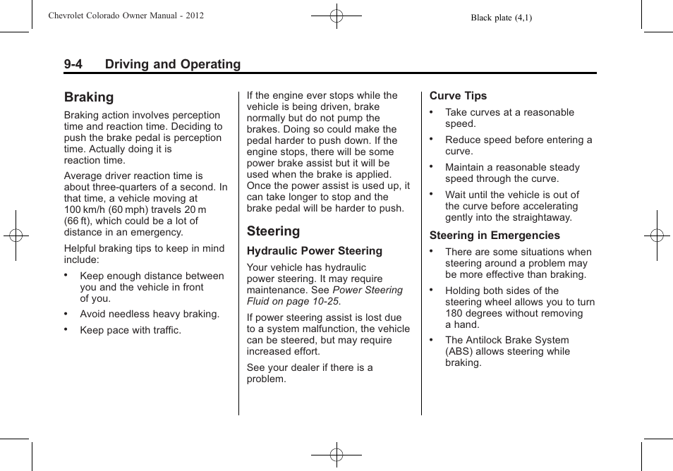 Braking, Steering, Braking -4 steering -4 | Parking, 4 driving and operating | CHEVROLET 2012 Colorado User Manual | Page 186 / 408