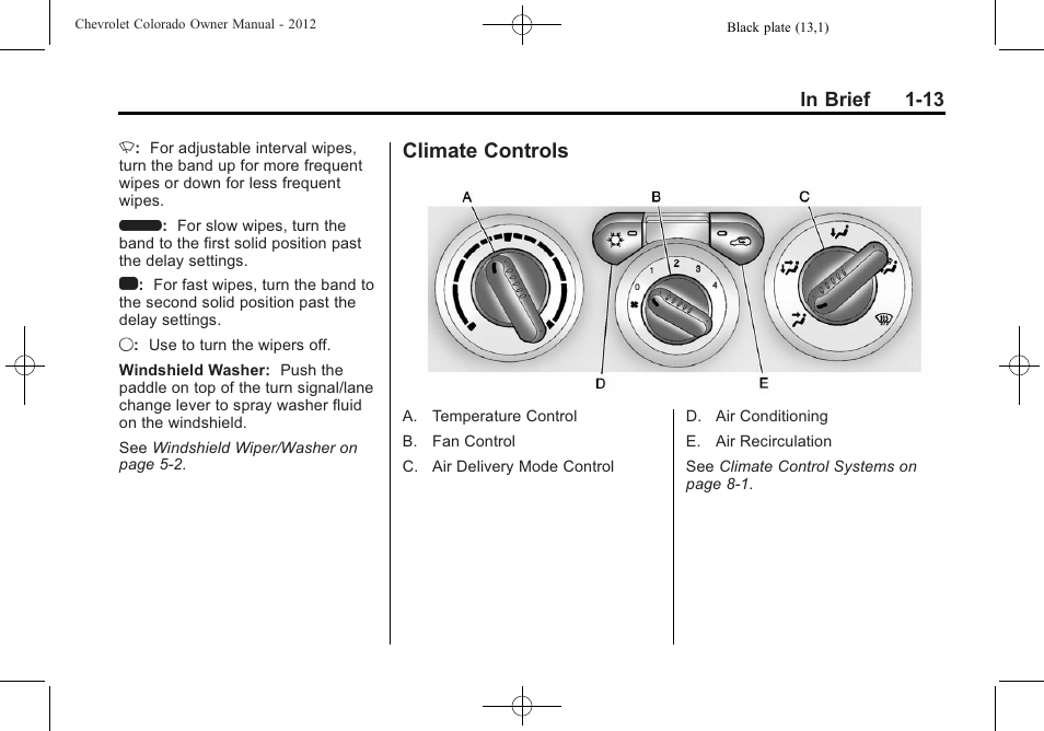 Climate controls, Climate controls -13 | CHEVROLET 2012 Colorado User Manual | Page 19 / 408