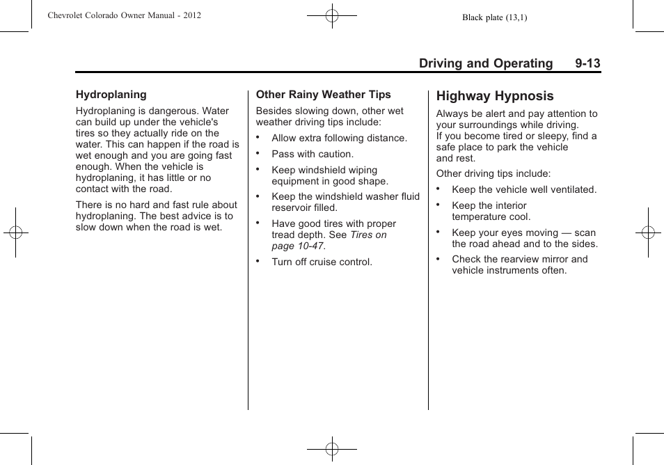 Highway hypnosis, Highway hypnosis -13, Driving and operating 9-13 | CHEVROLET 2012 Colorado User Manual | Page 195 / 408