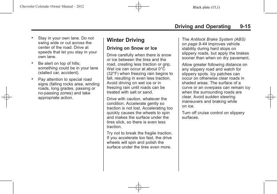 Winter driving, Winter driving -15, Driving and operating 9-15 | CHEVROLET 2012 Colorado User Manual | Page 197 / 408
