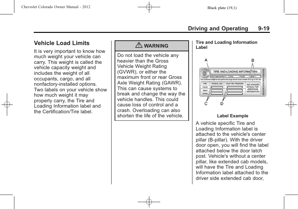 Vehicle load limits, Vehicle load limits -19, Automatic | CHEVROLET 2012 Colorado User Manual | Page 201 / 408