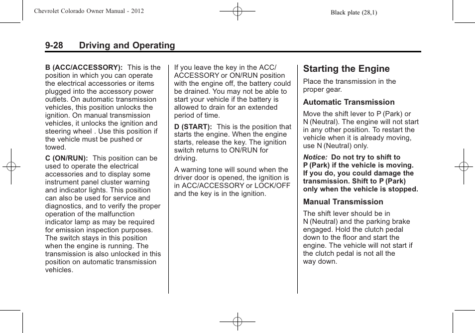 Starting the engine, Starting the engine -28, Drive | CHEVROLET 2012 Colorado User Manual | Page 210 / 408