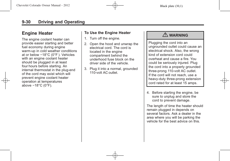 Engine heater, Engine heater -30 | CHEVROLET 2012 Colorado User Manual | Page 212 / 408
