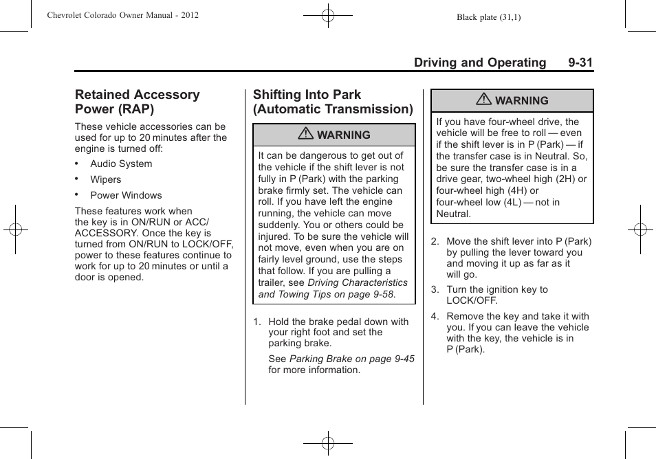 Retained accessory power (rap), Shifting into park (automatic transmission), Retained accessory | Power (rap) -31, Shifting into park (automatic, Transmission) -31, Parking | CHEVROLET 2012 Colorado User Manual | Page 213 / 408