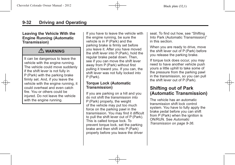 Shifting out of park (automatic transmission), Shifting out of park (automatic, Transmission) -32 | CHEVROLET 2012 Colorado User Manual | Page 214 / 408