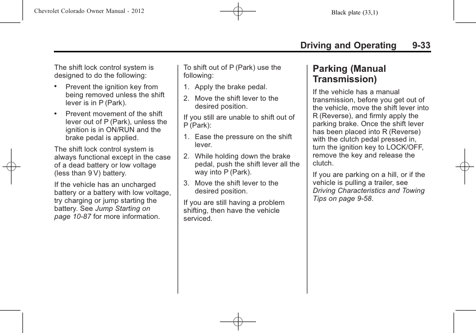 Parking (manual transmission), Manual, Transmission) -33 | Driving and operating 9-33 | CHEVROLET 2012 Colorado User Manual | Page 215 / 408