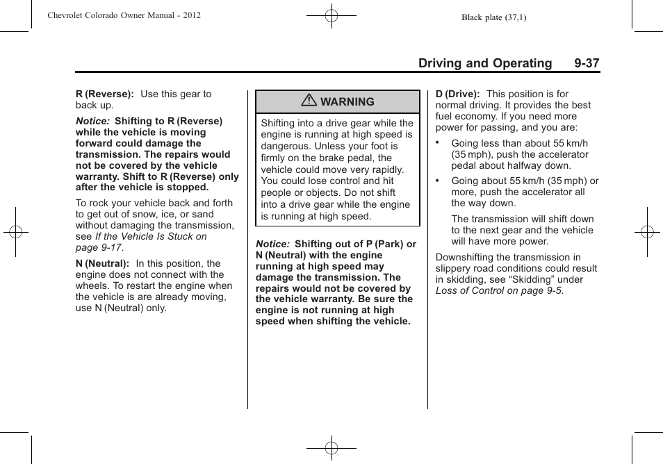 Driving and operating 9-37 | CHEVROLET 2012 Colorado User Manual | Page 219 / 408