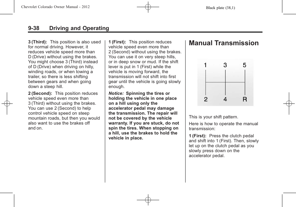 Manual transmission, Manual transmission -38 | CHEVROLET 2012 Colorado User Manual | Page 220 / 408