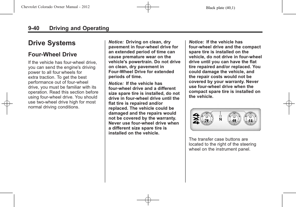 Drive systems, Four-wheel drive, Four-wheel drive -40 | CHEVROLET 2012 Colorado User Manual | Page 222 / 408