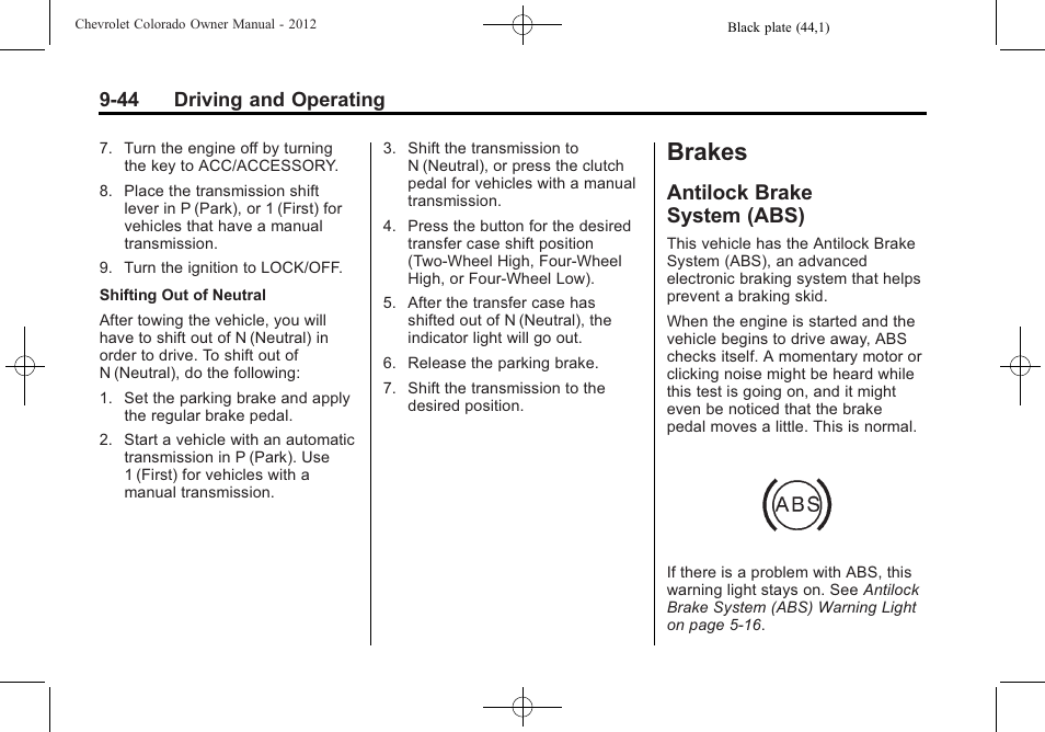 Brakes, Antilock brake system (abs), Antilock brake | System (abs) -44 | CHEVROLET 2012 Colorado User Manual | Page 226 / 408