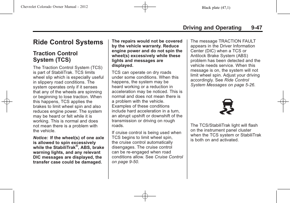 Ride control systems, Traction control system (tcs), Traction control | System (tcs) -47, Traction | CHEVROLET 2012 Colorado User Manual | Page 229 / 408