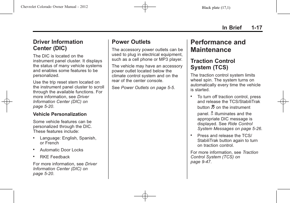 Driver information center (dic), Power outlets, Performance and maintenance | Traction control system (tcs), Performance and, Maintenance -17, Vehicle messages, Information, Center (dic) -17, Power outlets -17 | CHEVROLET 2012 Colorado User Manual | Page 23 / 408