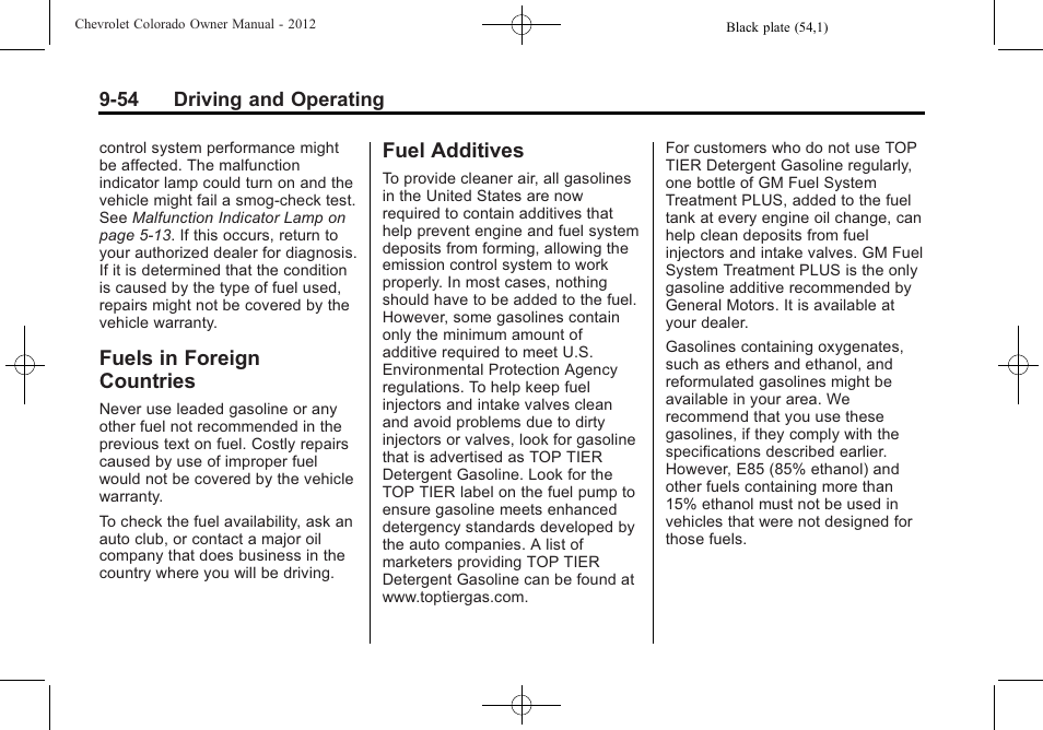 Fuels in foreign countries, Fuel additives, Fuels in foreign countries -54 fuel additives -54 | CHEVROLET 2012 Colorado User Manual | Page 236 / 408