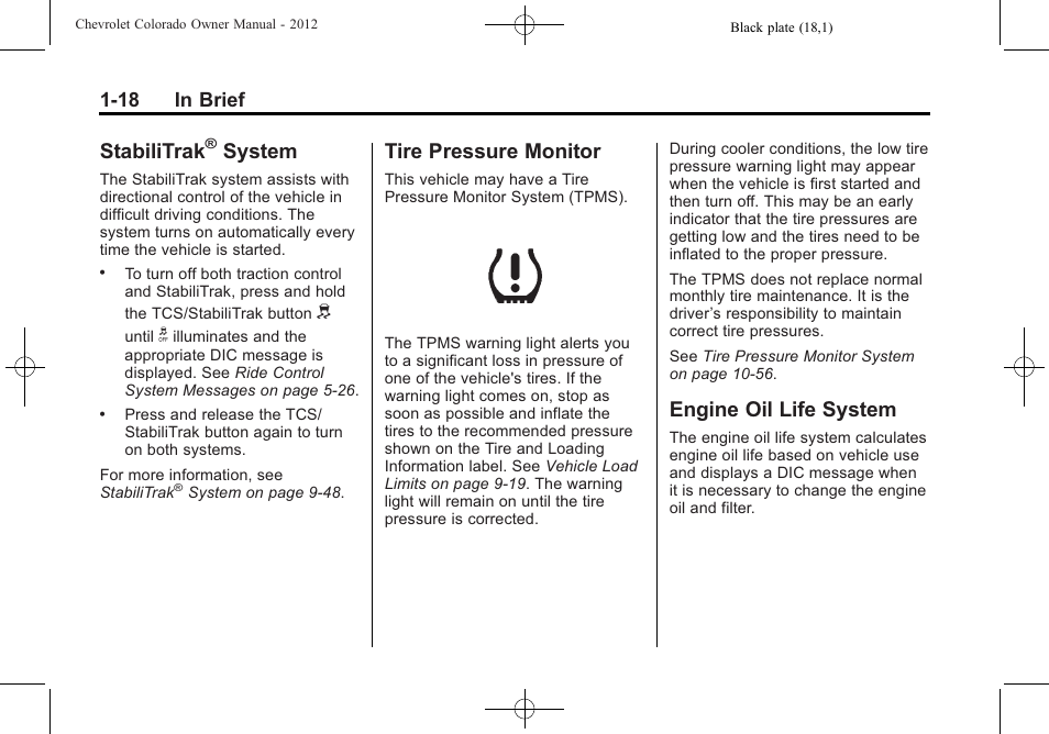 Stabilitrak® system, Tire pressure monitor, Engine oil life system | Stabilitrak, System -18, System | CHEVROLET 2012 Colorado User Manual | Page 24 / 408