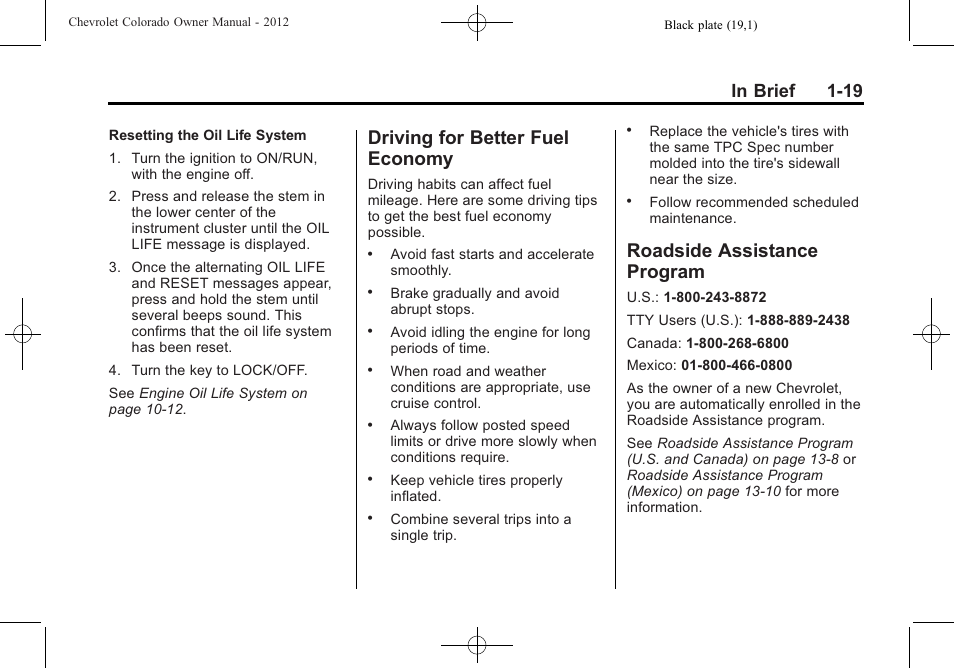 Driving for better fuel economy, Roadside assistance program, Driving for better fuel | Economy -19, Roadside assistance, Program -19 | CHEVROLET 2012 Colorado User Manual | Page 25 / 408