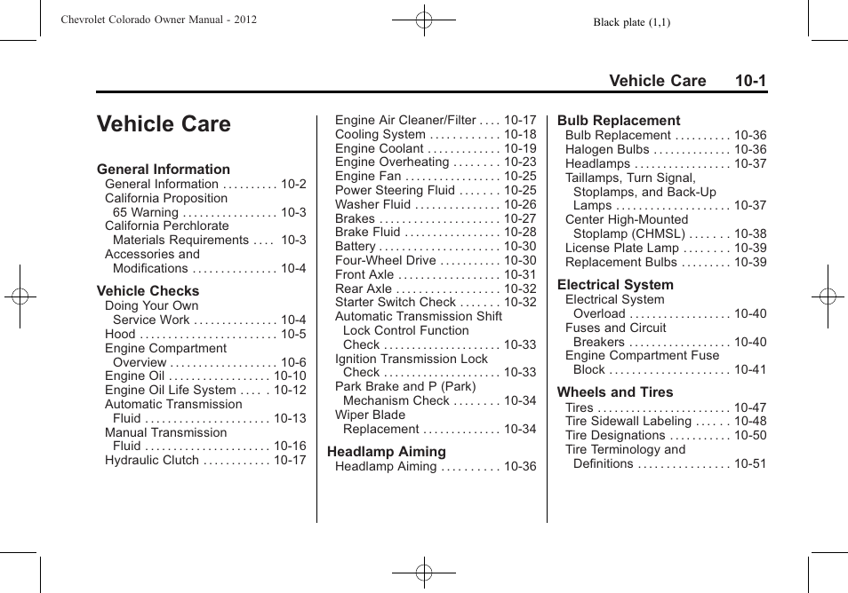 Vehicle care, Care -1, Vehicle care 10-1 | CHEVROLET 2012 Colorado User Manual | Page 251 / 408