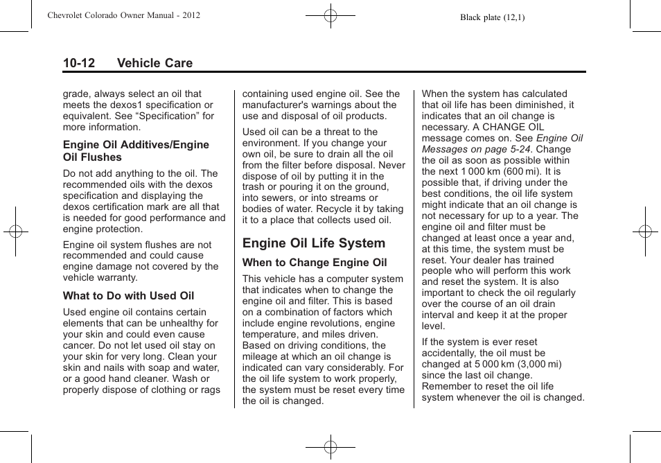 Engine oil life system, Engine oil life system -12, Park | CHEVROLET 2012 Colorado User Manual | Page 262 / 408